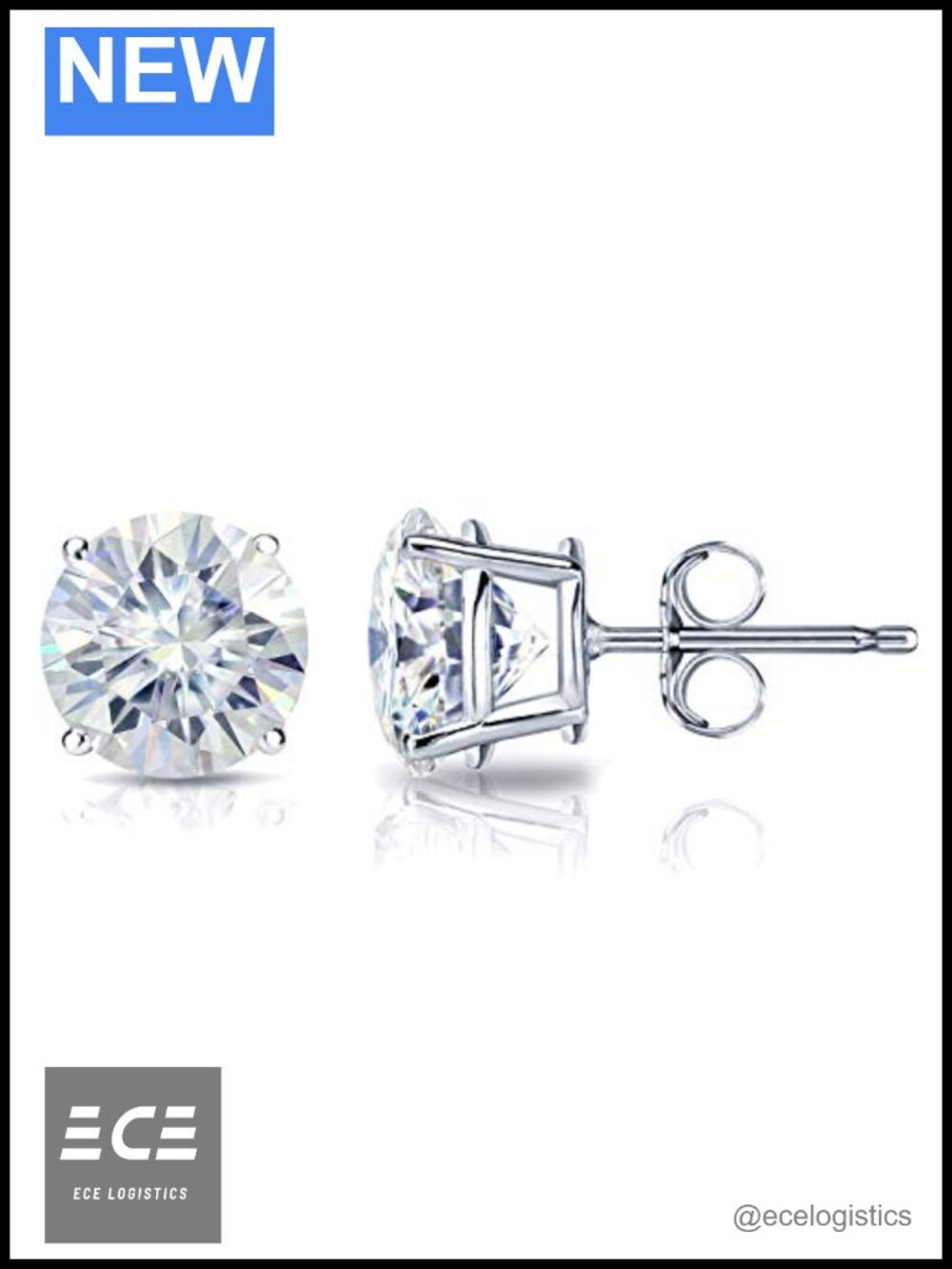 Moissanite Round Stud Earrings 14k White Gold 4-Prong Push Back Wedding